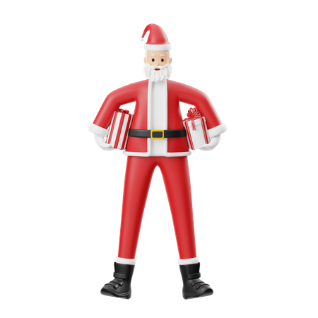 Santa Claus Holding Two Gifts Around His Waist  3D Illustration