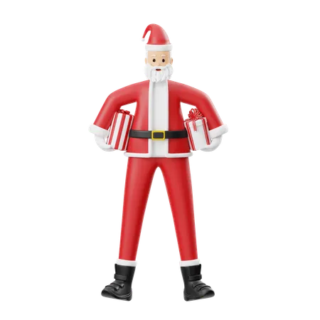 Santa Claus Holding Two Gifts Around His Waist  3D Illustration