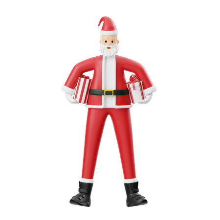 Santa Claus Holding Two Gifts Around His Waist  3D Illustration