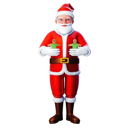 Santa Claus Holding Two Gingerbreads  3D Illustration