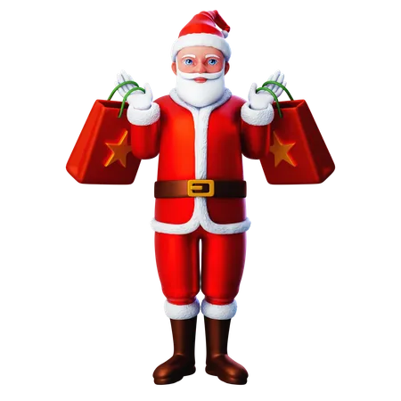 Santa Claus Holding Two Shopping Bags On Back  3D Illustration