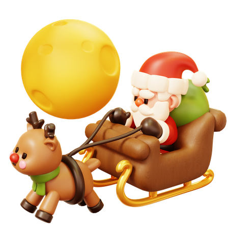 Santa Claus in Sleigh Flying with Reindeer Delivers Presents at Night  3D Icon