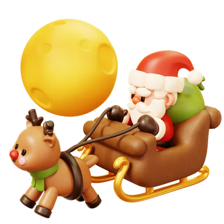 Cute Cartoon 3 D Santa Claus Character In Sleigh Pulled By Reindeer Delivers Presents Gifts Flying On The Sky At Night Happy New Year Decoration Merry Christmas Holiday New Year And Xmas Celebration 3D Icon