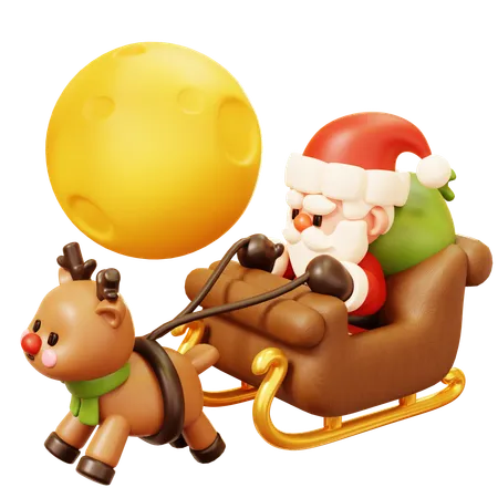 Santa Claus in Sleigh Flying with Reindeer Delivers Presents at Night  3D Icon