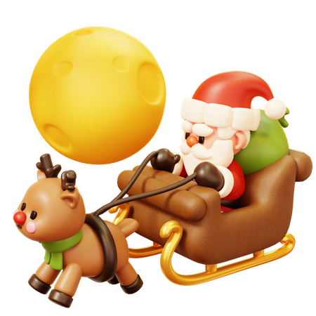 Santa Claus in Sleigh Flying with Reindeer Delivers Presents at Night  3D Icon