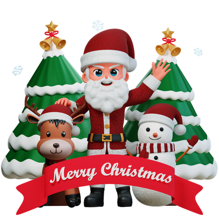 Santa Claus Is Celebrating Christmas With Reindeer And Snowman  3D Illustration