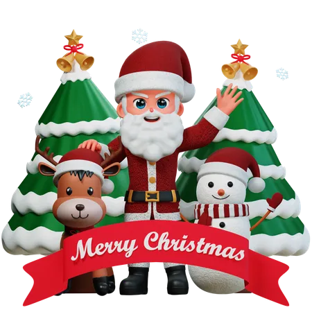 Santa Claus Is Celebrating Christmas With Reindeer And Snowman  3D Illustration