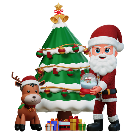 Santa Claus Is Decorating Xmas Tree  3D Illustration