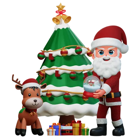 Santa Claus Is Decorating Xmas Tree  3D Illustration