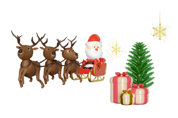 Santa claus is moving towards many surprise gifts  3D Illustration
