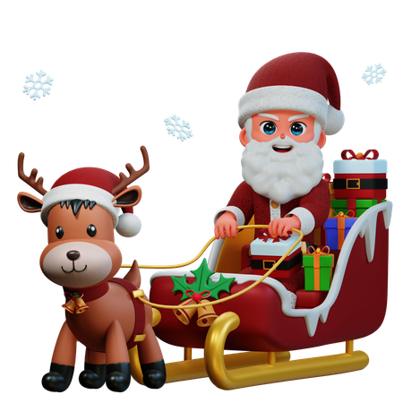 Santa Claus Is Riding Reindeer Sledge  3D Illustration