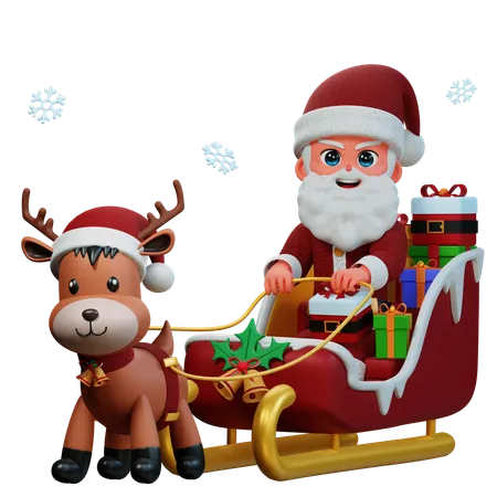 Santa Claus Is Riding Reindeer Sledge  3D Illustration