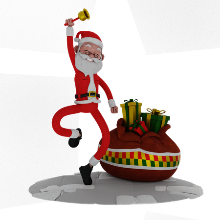 Santa Claus Jumping And Holding Jingle Bell  3D Illustration