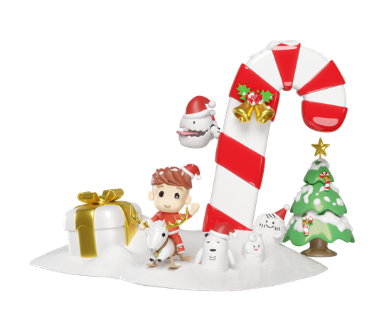 Santa Claus Kids And Monster Friends  3D Illustration