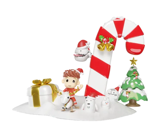 Santa Claus Kids And Monster Friends  3D Illustration