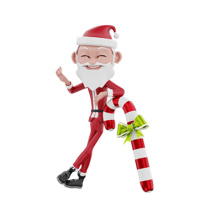 Santa claus leaning on candy cane 3D Illustration