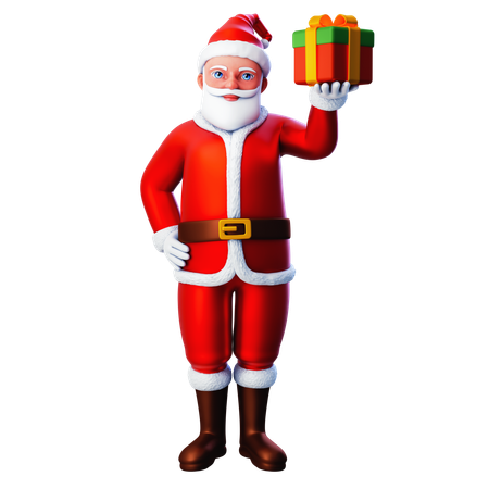 Santa Claus levantando caja de Navidad con la mano derecha  3D Illustration