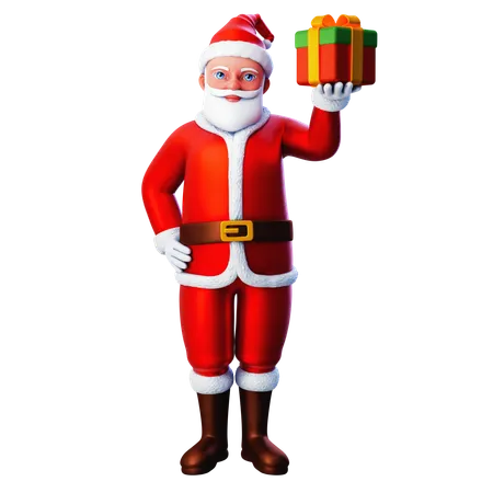 Santa Claus levantando caja de Navidad con la mano derecha  3D Illustration