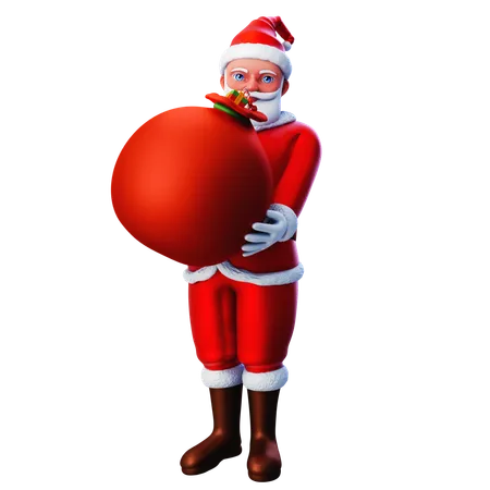 Santa Claus Lifting Gift Bag  3D Illustration