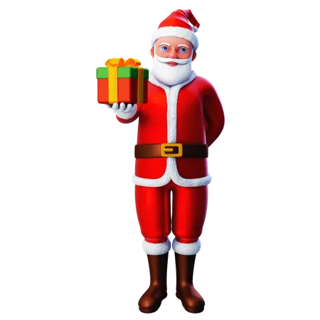 Santa Claus mostrando caja de Navidad con la mano izquierda  3D Illustration