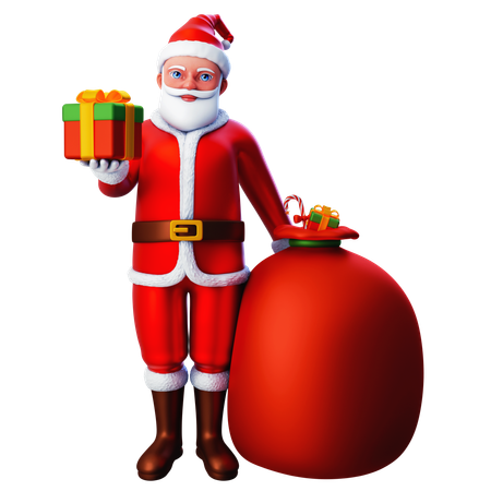 Santa Claus mostrando caja de regalo de Navidad con bolsa de regalo  3D Illustration