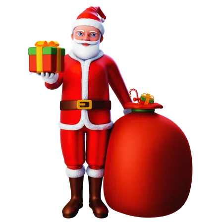 Santa Claus mostrando caja de regalo de Navidad con bolsa de regalo  3D Illustration