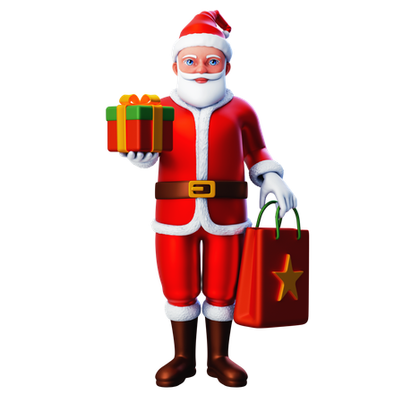 Santa Claus mostrando caja de regalo de Navidad y bolsa de compras  3D Illustration