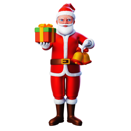 Santa Claus mostrando caja de regalo de Navidad y campana de Navidad  3D Illustration