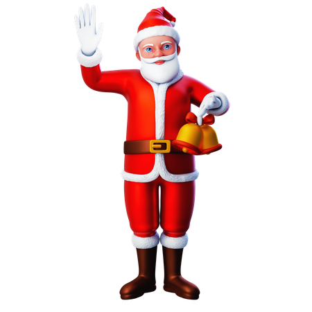 Papá Noel mostrando campanas navideñas y levantando la mano izquierda  3D Illustration