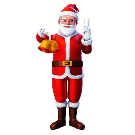 Santa Claus mostrando campanas de Navidad y posando gesto de mano de paz  3D Illustration