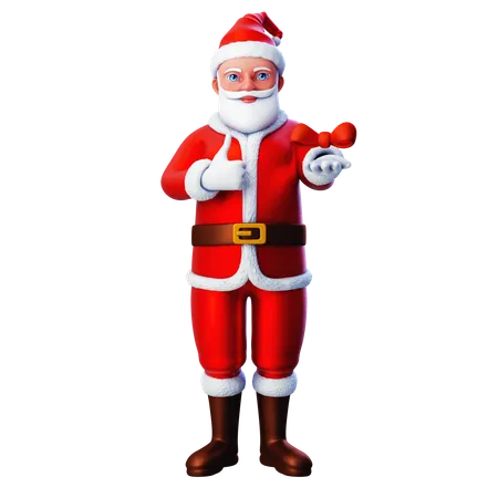 Santa Claus mostrando la cinta del arco y posando el gesto de la mano con el pulgar hacia arriba  3D Illustration