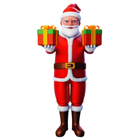 Papá Noel mostrando dos cajas de regalo de Navidad  3D Illustration