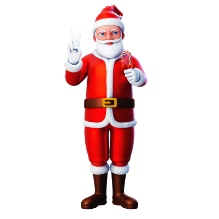 Santa Claus mostrando dulces y haciendo un gesto de paz con la mano  3D Illustration