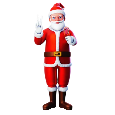 Santa Claus mostrando dulces y haciendo un gesto de paz con la mano  3D Illustration