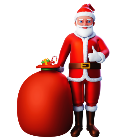 Santa Claus mostrando el gesto de la mano con el pulgar hacia arriba con una bolsa de regalo  3D Illustration