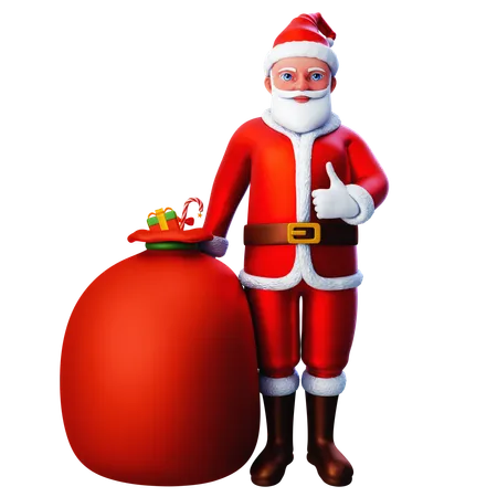 Santa Claus mostrando el gesto de la mano con el pulgar hacia arriba con una bolsa de regalo  3D Illustration