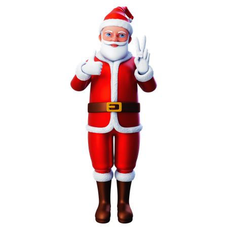 Santa Claus mostrando gesto de paz con la mano y pulgares arriba  3D Illustration