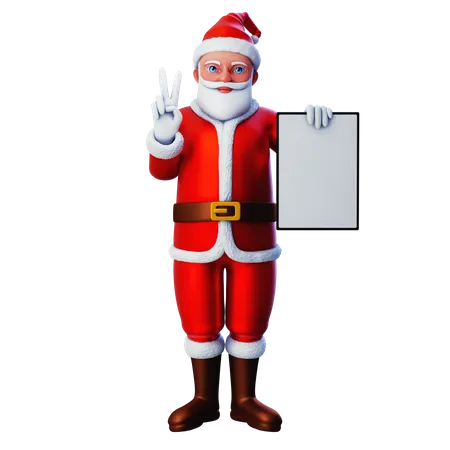 Santa Claus mostrando gesto de paz con la mano con tableta vertical blanca  3D Illustration