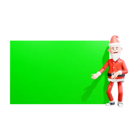 Santa Claus muestra algo en la pantalla verde a su lado mientras se inclina y muestra información.  3D Illustration