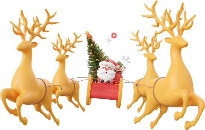 Santa Claus On Sleigh With Christmas Tree Christmas Theme Elements 3 D Illustration 3D Icon