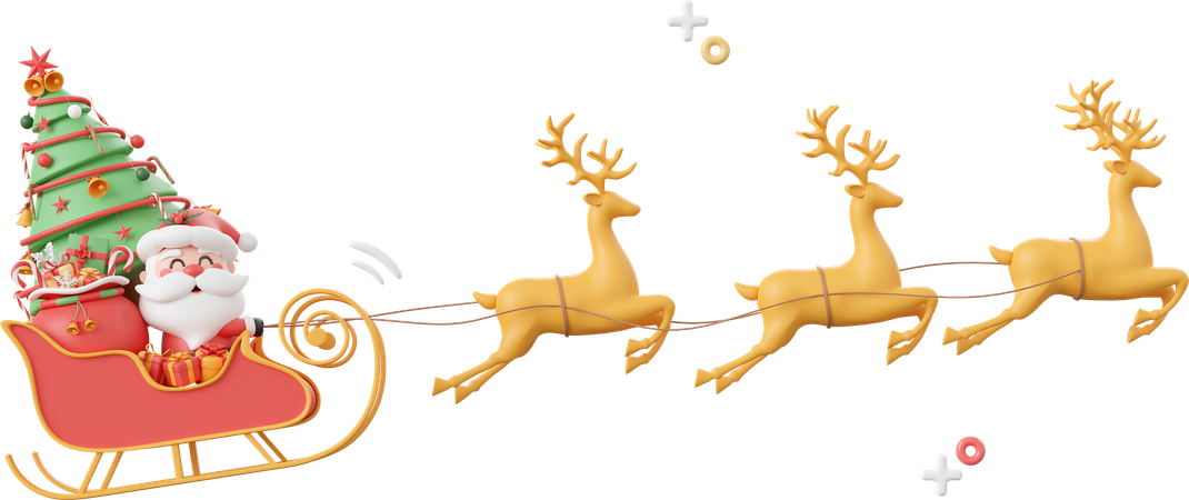 Santa Claus On Sleigh With Christmas Tree And Gift  3D Icon