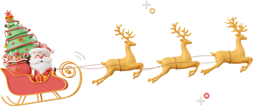 Santa Claus On Sleigh With Christmas Tree And Gift  3D Icon