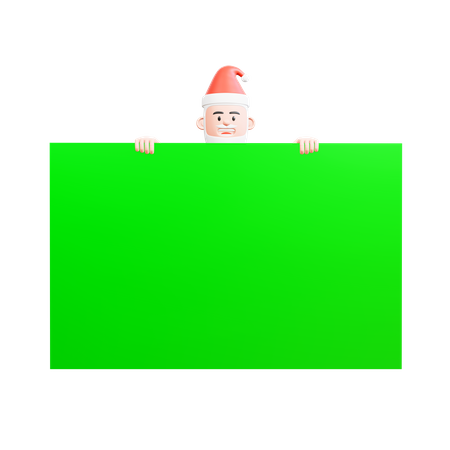 Santa Claus peeking behind a big green screen only his head and hands can be seen 3D Illustration