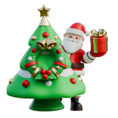 Santa Claus Peeking From Behind Christmas Tree  3D Illustration