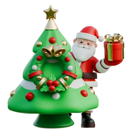 Santa Claus Peeking From Behind Christmas Tree  3D Illustration