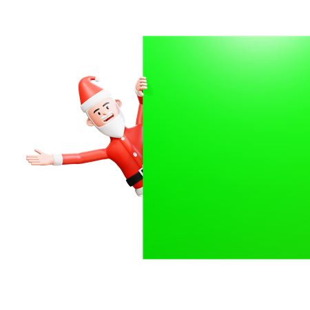 Santa Claus peeping coming out from behind a green screen banner  3D Illustration