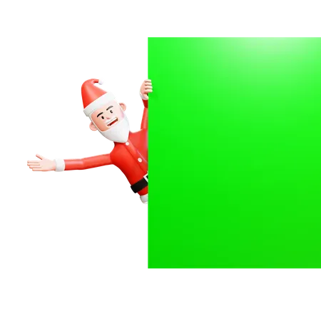 Santa Claus peeping coming out from behind a green screen banner 3D Illustration