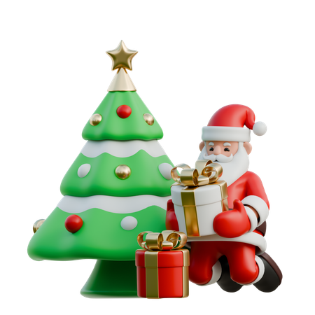 Santa Claus Placing Gifts Under Tree  3D Illustration