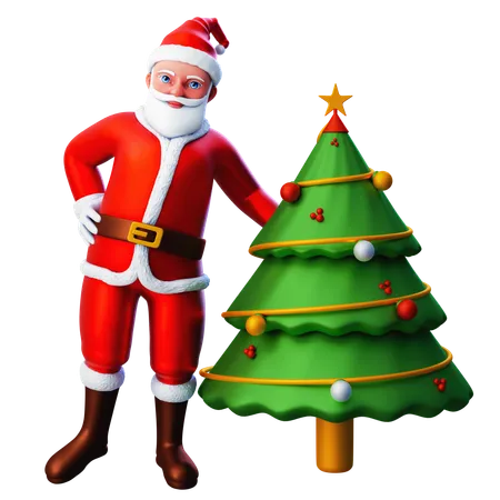 Papá Noel posando con el árbol de Navidad  3D Illustration