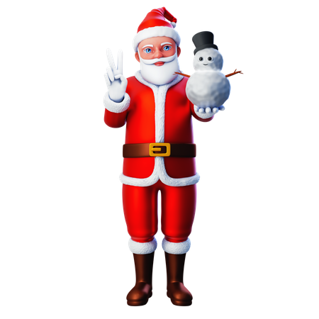 Papá Noel posando la mano de la paz con muñeco de nieve  3D Illustration